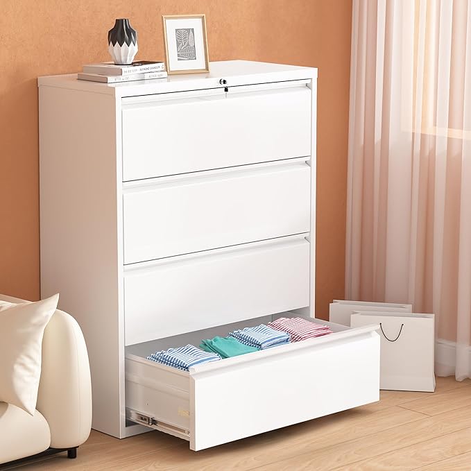 Greenvelly 4 Drawer File Cabinet with Lock, Lateral Filing Cabinets for Home Office, Lockable Metal Lateral File Cabinet, Wide Office File Cabinets with Hanging Files&Key for Letter/Legal/F4/A4