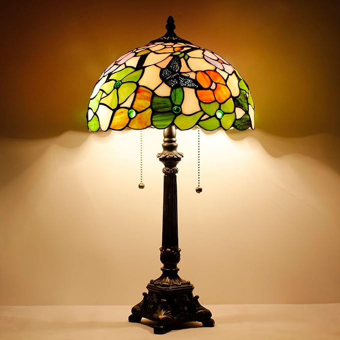 Tiffany Table Lamp Butterfly Flower Style Stained Glass Desk Lamp 12X12X21 Inches Reading Light