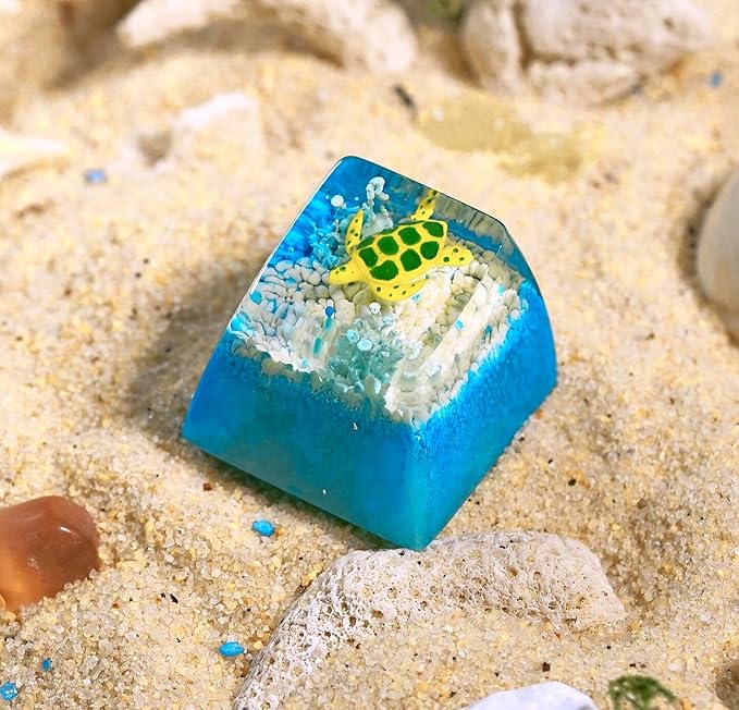 Sea Turtle Artisan Keycap Light Blue and White Coral R1 SA Profile Custom Sea Creatures Keycaps 1U ESC Handmade Gaming Resin Key Cap Cherry MX Switch Compatible Mechanical Keyboard Turtle Lover Gift