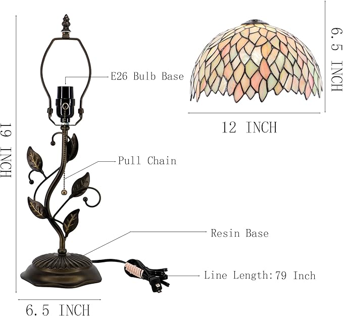 Tiffany Table Lamp, Stained Glass Style Desk Lamp, 12X12X19 Inch,Bedside Reading Light, Metal Leaf Base (Seven Color Wisteria)