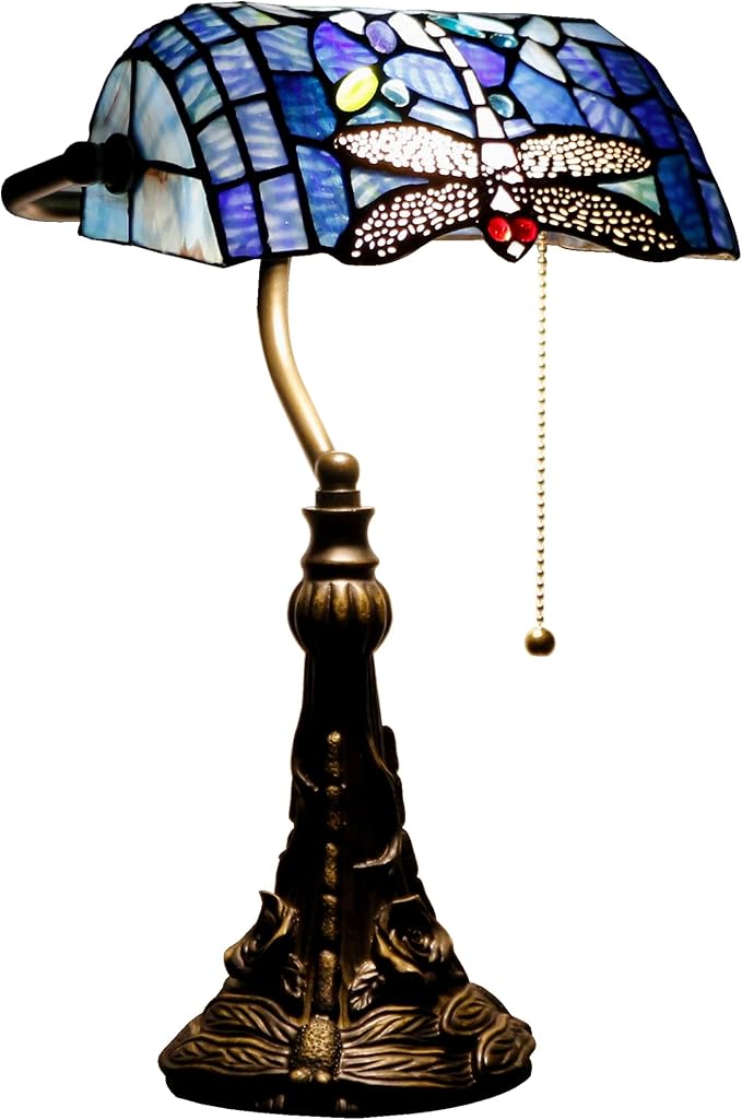 Tiffany Banker Lamp Small Stained Glass Table Lamp Tiffany Style Piano Light Blue Dragonfly Style Desk Lamp Angle Adjustable 10.6X15.7Inch for Home Office Living Room Bedroom