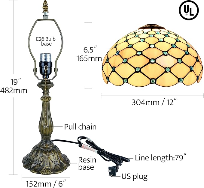 Tiffany Lamp Vintage White Grey Stained Glass Bead Table Lamp Desk Bedside Reading Light Decor Bedroom Living Room Home Office D12*H18 Inches