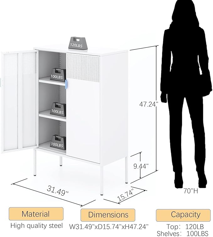 2 Door Accent White Metal Storage Cabinet with Adjustable Shelves and Air Vent Doors, 3 Tier Metal Sideboard Cabinet for Home, Office, Entryway, Hallway, Assembly Required, (LC-WGG-W)