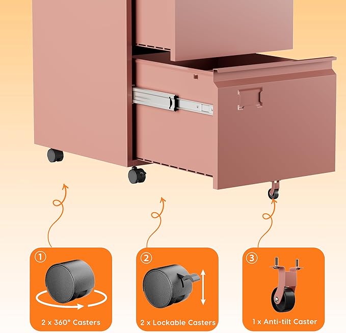 2 Drawers Metal File Cabinet with Lock, Under Desk Mobile Filing Storage Cabinet with Business Card Slot for Letter/Legal/F4/A4 Size Folders,Required Assembly,14.57"W x 17.36"D x 25.79"H,Pink