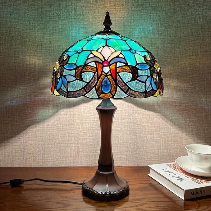 Tiffany Table Lamp,Green Stained Glass Table Light,Antique Style Medium Size Desk Lamp Vintage Bedside Reading Lamp for Living Room Bedroom Office