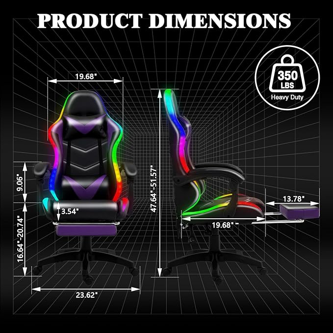 RGB LED Lights Gaming Chair with Footrest for Adults and Kids, Lumbar Support Massager Video Game Chair, High Back Reclining Gamer Chair with Headrest, Swivel Office Computer Desk Chair(Purple)