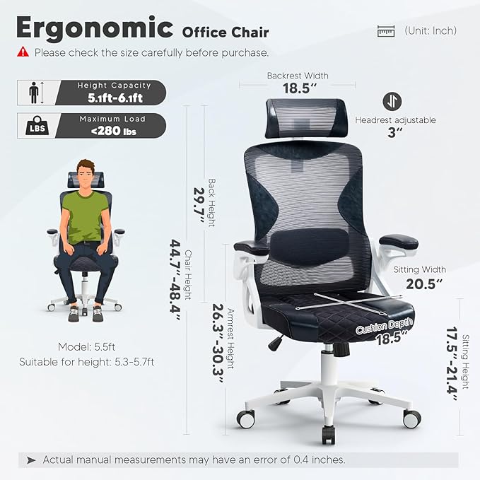 SEATZONE Ergonomic Office Chair,High Back Mesh Office Chair with Adjustable Headrest and Lumbar Support,Swivel Work Task Chair with Wheels,Black
