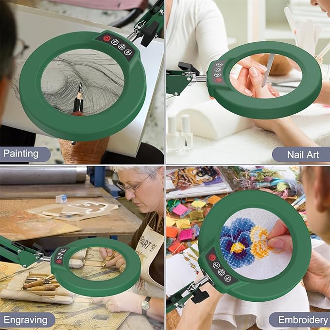 10X Magnifying Glass with Light and Stand, Upgrade Button 5 Color Modes Stepless Dimmable, 2-in-1 LED Lighted Magnifier Light, Hands Free Desk Lamp with Clamp for Craft Hobby Close Work - Green