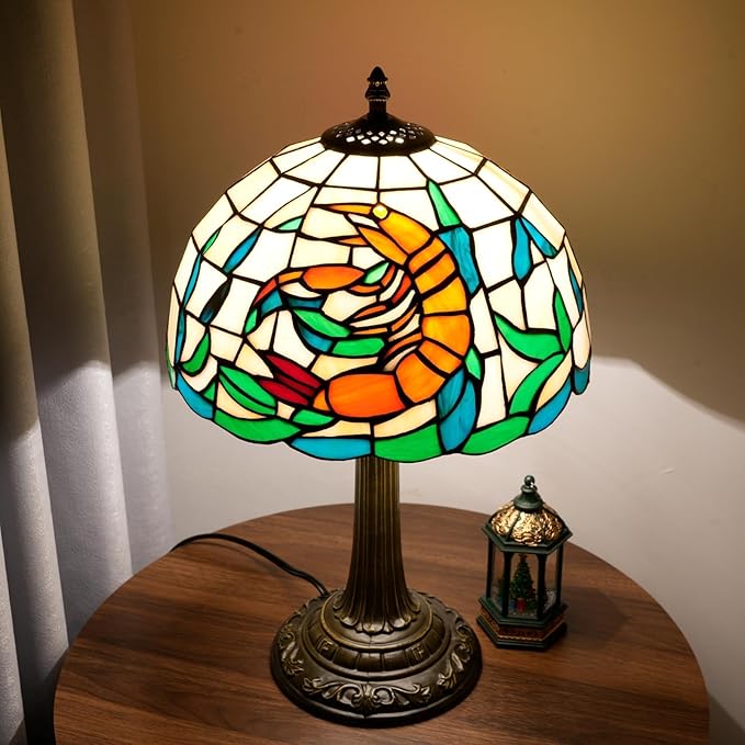 Tiffany lamp 12 inch Stained Glass lamp Orange Shrimp Warm Color Bedside lamp Suitable Bedroom Dormitory Dining Room Living Room Tiffany Style Retro Home Classical Art Decoration Handmade Craft Gift