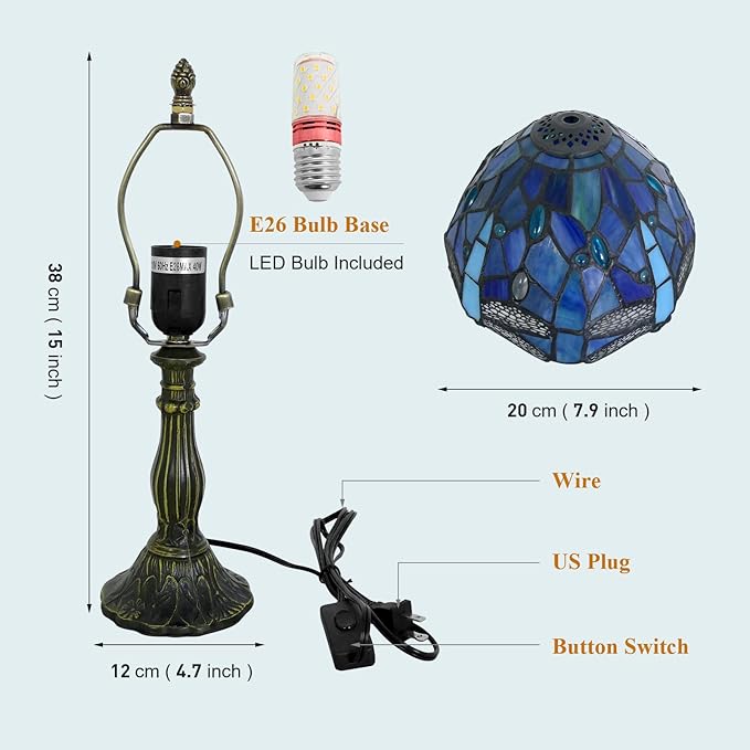 Tiffany Lamp Sea Blue Stained Glass Table Lamp 8X8X15 Inches Dragonfly Style Desk Reading Light Decor Beside Table Lamp for Bedroom Living Room Home Office