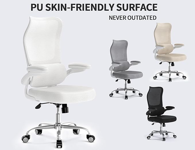 TRALT Ergonomic Office Chair - Desk Chair with Wave High Back Adjustable Lumbar Support Computer Chair - Gaming Chairs Mesh Backrest and PU Leather Seat for Home Reading Chairs to Adults(White)