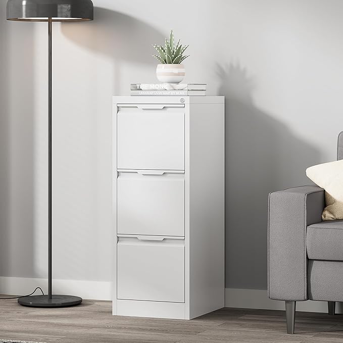 Coolsun 3 Drawer Vertical File Cabinet with Lock, Metal Filing Cabinet for Home Office, Locking File Cabinet for A4/F4/Legal/Letter, Assembly Required (White, 3 Drawer)