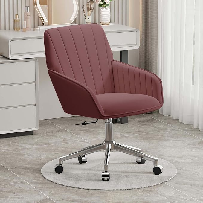 YISHENG Velvet Office Desk Chair with Silver Base, with Wheels,Modern Height Adjustable 360 Degree Swivel Upholstered Vanity Chairs with Arms for Living Room Bedroom,Rose