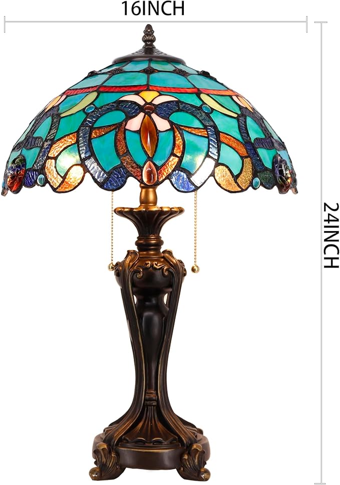 Tiffany Stained Glass Table Lamp 16X16X24 Inch Green Brown Jewelry Baroque Style Desk Bedroom Living Room Antique Reading Light (Green Brown Jewelry)