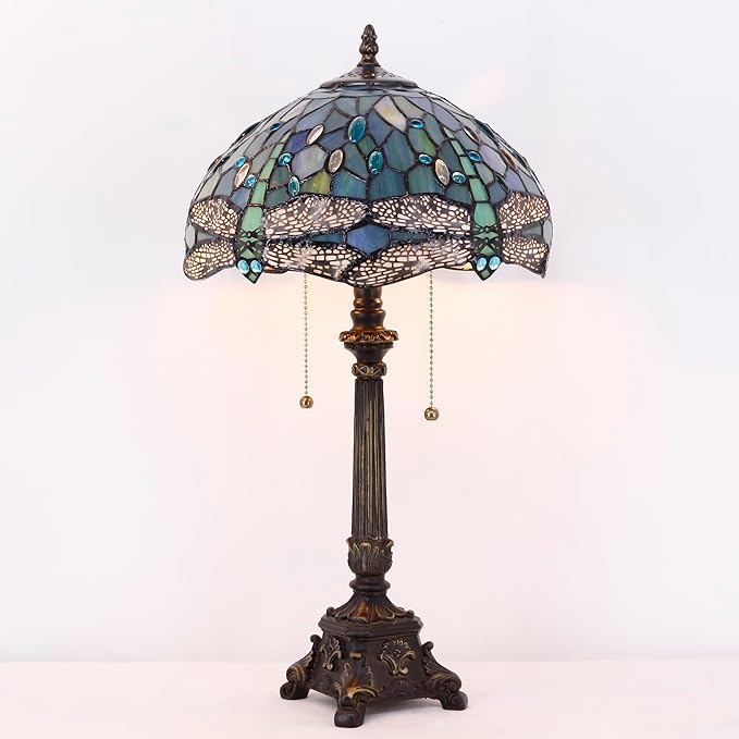 Tiffany Table Lamp Sea Blue Stained Glass Desk Lamp 12X12X21 Inches Dragonfly Style Reading Light