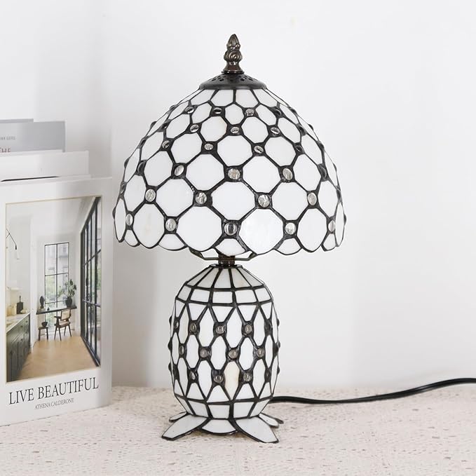Small Tiffany Lamp Stained Glass Table Lamp Mini Mother Daughter Vase Desk Accent Night Light for Bedroom Bedside Reading Home Antique Style 8X14 Inches (White Yellow)