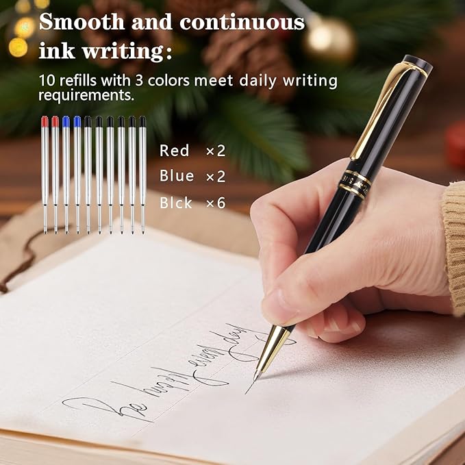 Luxury Ballpoint Pens, Retractable Metal Pen with 10 Refills (Black, Blue, Red) for Smooth Writing - Executive Office Desk Accessories, Ideal Gifts for Professionals, Teachers