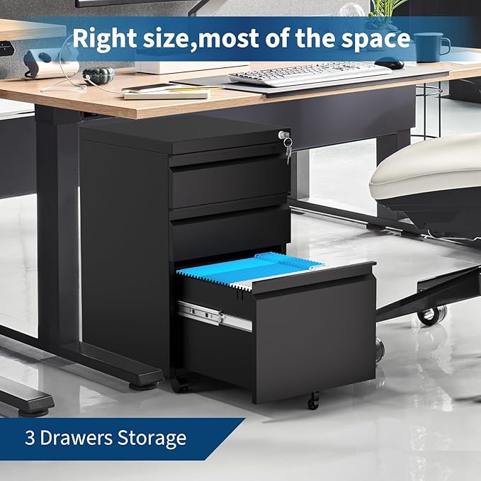 3-Drawer Mobile File Cabinet with Lock & Wheels, Under Desk Lateral Filing Cabinet for Legal/Letter/A4 Files, Adjustable Shelf, Easy Assembly, Office Home Storage, Dark Black