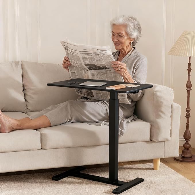 Mobile Overbed Standing Desk with Wheels,Rolling Desk Adjustable Height,Pneumatic Laptop Side Table for Couch,Home,Office,Small Sit Stand Computer Workstation Cart,Black