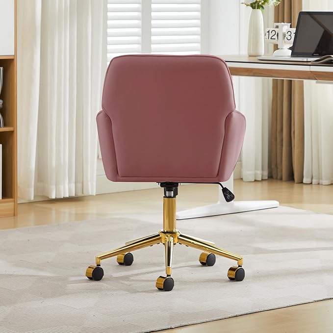 YISHENG Velvet Office Desk Chair with Gold Base, with Wheels,Modern Height Adjustable 360 Degree Swivel Upholstered Vanity Chairs with Arms for Living Room Bedroom,Rose