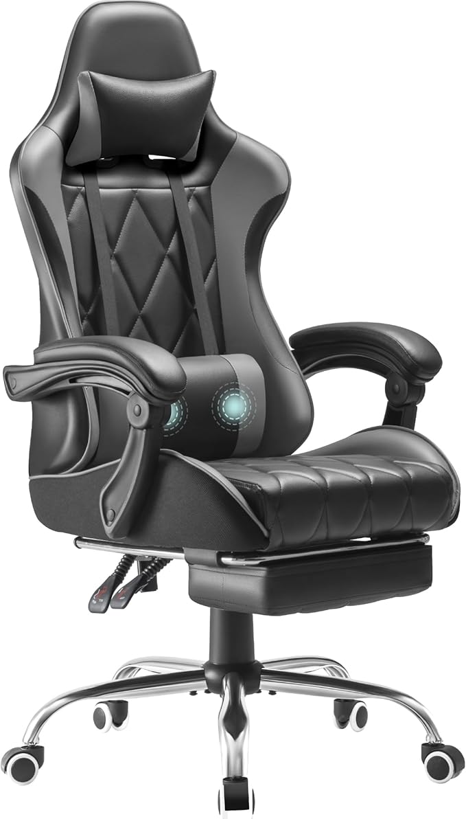 Homall Gaming Chair, Computer Chair with Footrest and Massage Lumbar Support, Ergonomic High Back Video Game Chair with Swivel Seat and Headrest (Grey)