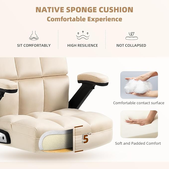 SEATZONE Executive Office Chair,Comfortable Soft Velvet High Back Computer Chair,Swivel Work Chair with Flip-up Armrests Adjustable,Beige
