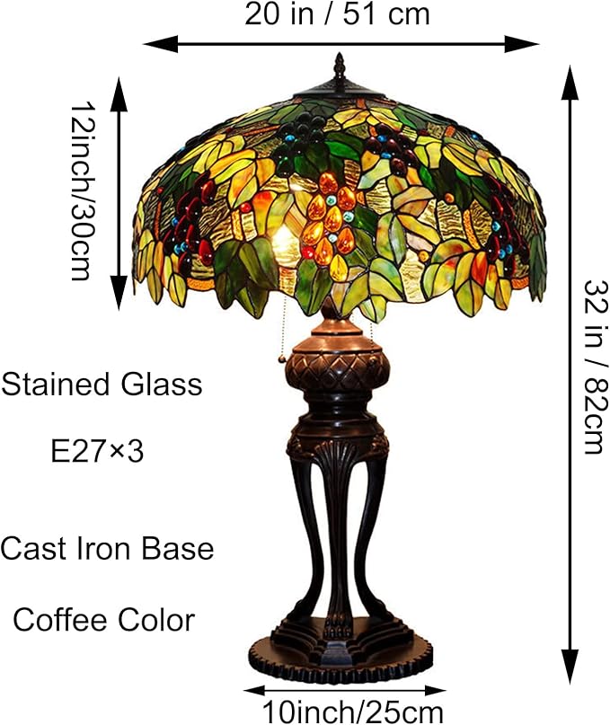 Tiffany Lamp Table Lamp Rose Dragonfly Tulip Wisteria Grape Peach Kapok Peony Apple Flower Design Stained Glass Lampshade Desk Lamp for Girl Living Room Iron Base W20 XH32,Grape