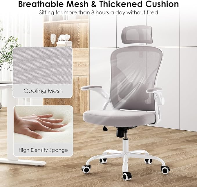 Farini Ergonomic Office Chair, Home Office Desk Chair with Headrest, High Back Computer Chair with Armrests and Adjustable Lumbar Support for Home Office Study Room, White & Gray