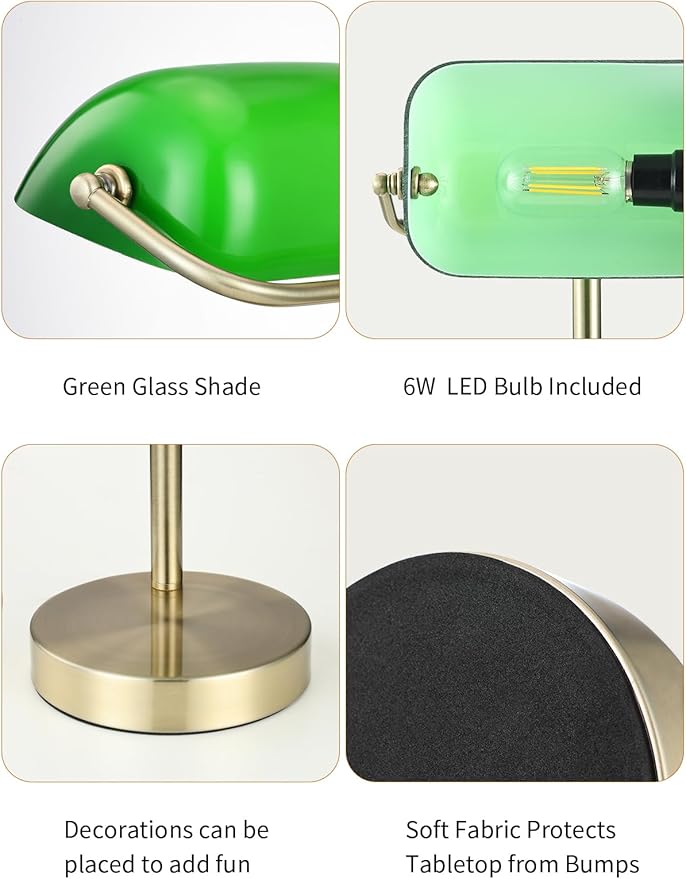 Newrays Traditional Green Glass Bankers Desk Lamp with Pull Chain Switch Plug in Fixture,LED Bulb Included