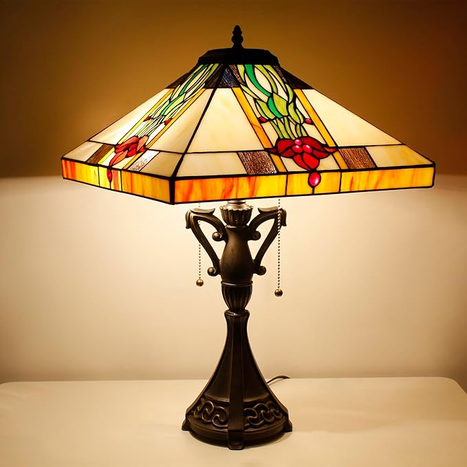 Tiffany Table Lamp Stained Glass Tulip Flower Square Geometric Mission Style Desk Reading Light 16X16X24 Inch for Bedroom Living Room Home Office