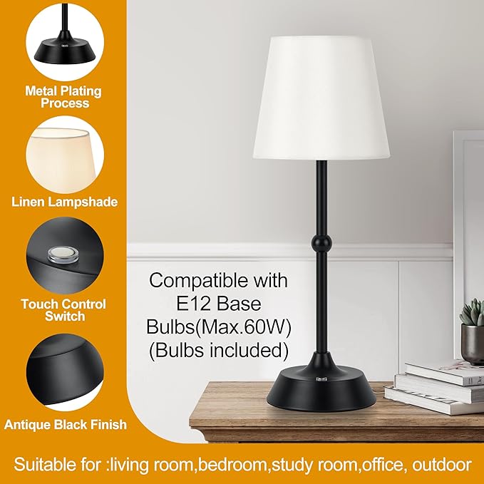Portable Dimmable Desk Lamp LED Cordless Black Table Lamp Battery Powered Touch Control Table Lamp for Dining RoomBedroom Bar Camping Balcony.(LED Bulb Included)