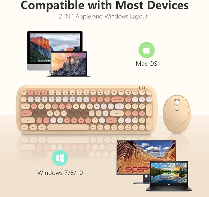 Wireless Keyboard and Mouse Combo - GEEZER Pale Coffee Colorful Round Keycap Keyboard 100 Keys - USB 2.4G Receiver Plug Play Typewriter Keyboards for Windows, PC, Laptop, Desktop
