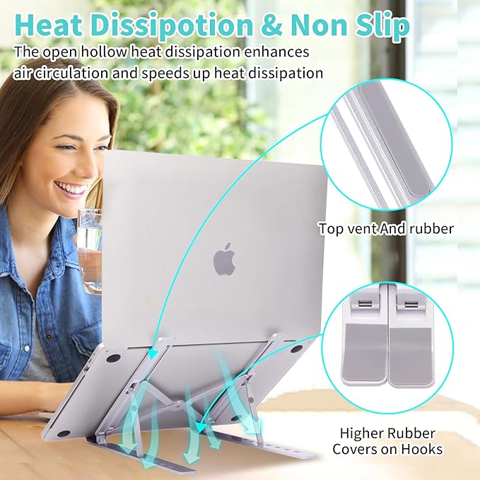 Laptop Stand for Desk, Aluminum Metal MacBook Stand,Computer Riser for Desk, Portable Foldable Adjustable Notebook Holder, Compatible with 10-15.6 Inch Laptops, iPad, Silver.
