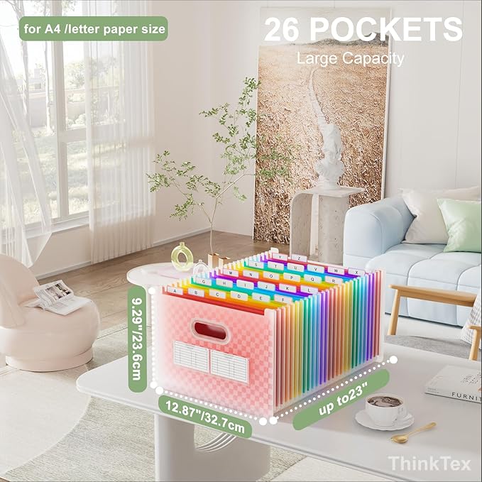 ThinkTex 26 Pockets Expanding File Folder, Upright & Open Top, A-Z Colorful Tabs, Larger Capacity Accordian Folder, Letter/A4 Size for School, Home and Office - Pink