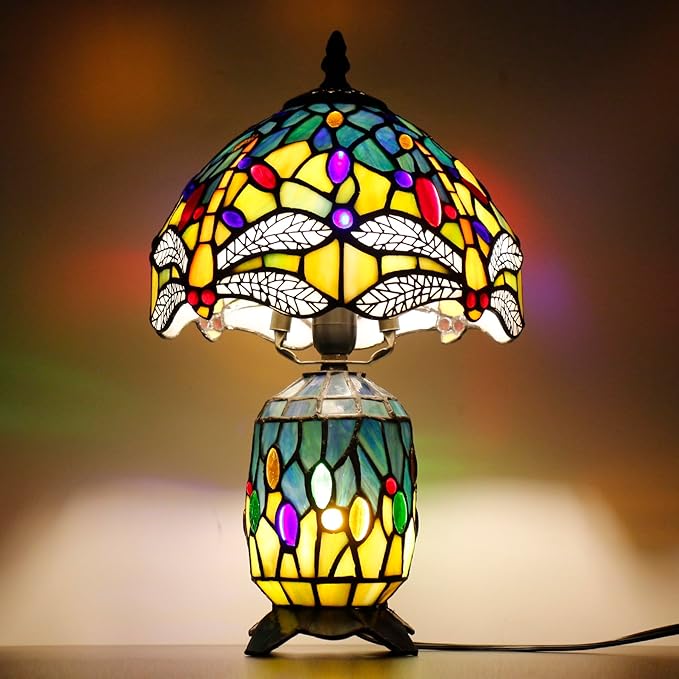 Small Tiffany Lamp Stained Glass Table Lamp Mini Mother Daughter Vase Desk Accent Night Light for Bedroom Bedside Reading Home Antique Style 8X14 Inches (Sea Blue Yellow)