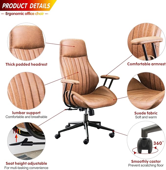ovios Ergonomic High Back Office Chair, Mid-Century Modern Faux Suede Leather Chair with Padded Armrests, Comfy Executive Computer Task Swivel Rolling Chairs, Brown