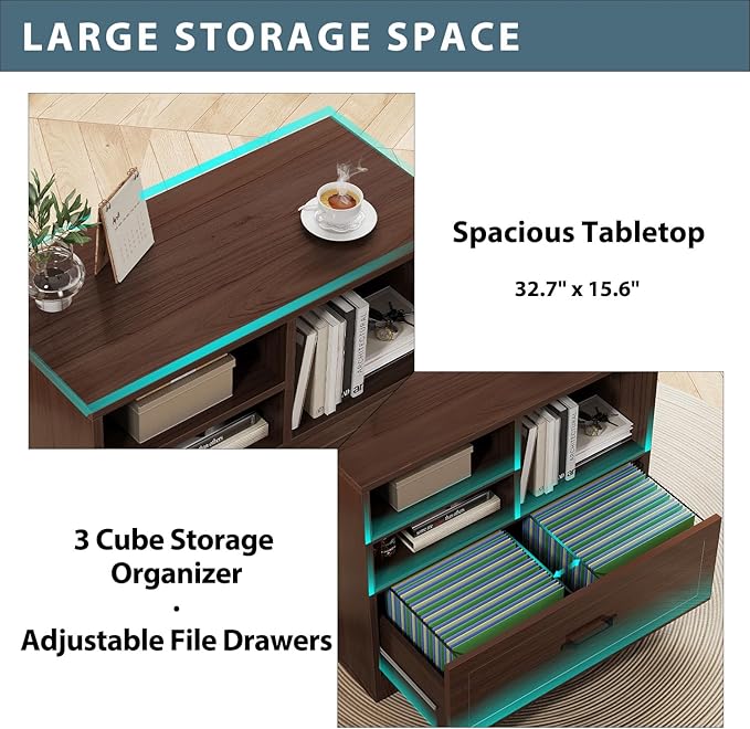 LVB Wood Lateral Filing Cabinet with Drawer, Farmhouse File Cabinet Printer Stand with Storage Shelves, Printer Cabinet Fits A4 Letter Legal Size with Hanging File Folder for Home Office, 32.7" Walnut