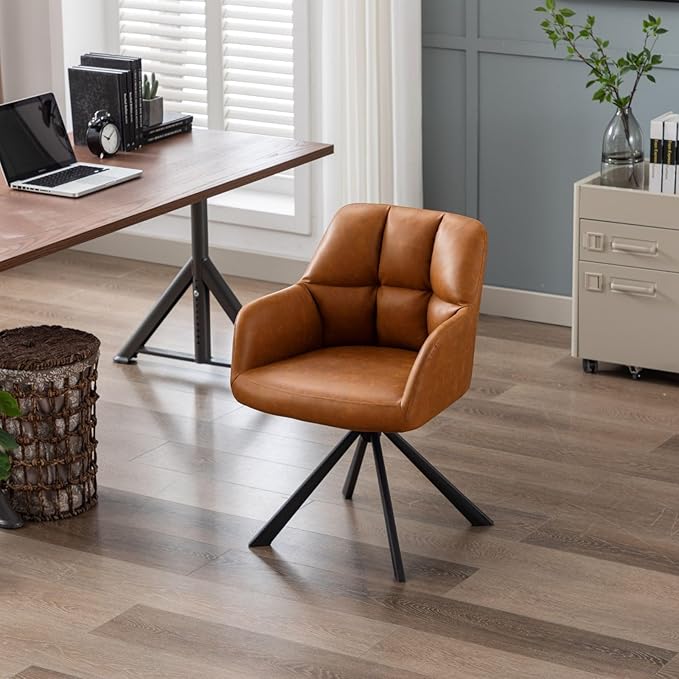 Brown Home Office Chair with Arms, Comfy Desk Chair No Wheels, Upholstered Leather Computer Chair, Swivel Accent Chair for Bedroom, Office, Small Spaces