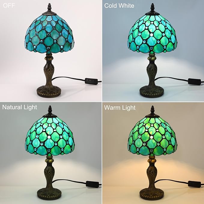 Tiffany Style Small Table Lamp,Green Beads Stained Glass 3 Color Temperature Antique Table Lamps,Bedside Nightstand Lamp for Bedroom,Living Room,Home Office, Include LED Bulb,8X8X15Inch