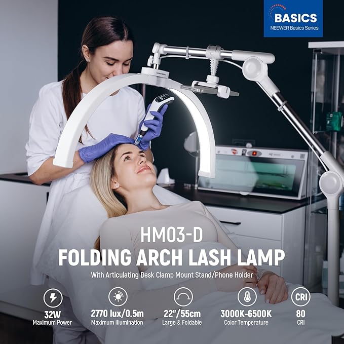 NEEWER Basics 22" Half Moon Lash Light with Articulating Desk Clamp Mount Stand/Phone Holder, 32W Foldable LED Nail Tech Table Arc Lamp for Makeup Beauty Tattoo Overhead Video Recording, HM03-D