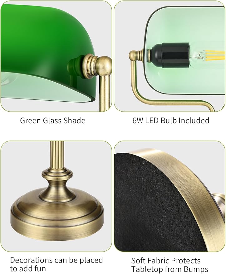 Traditional Banker's Desk Lamp with Glass Shade,Pull Chain Switch, LED Bulb Included (Antique Brass+Green+Touch)
