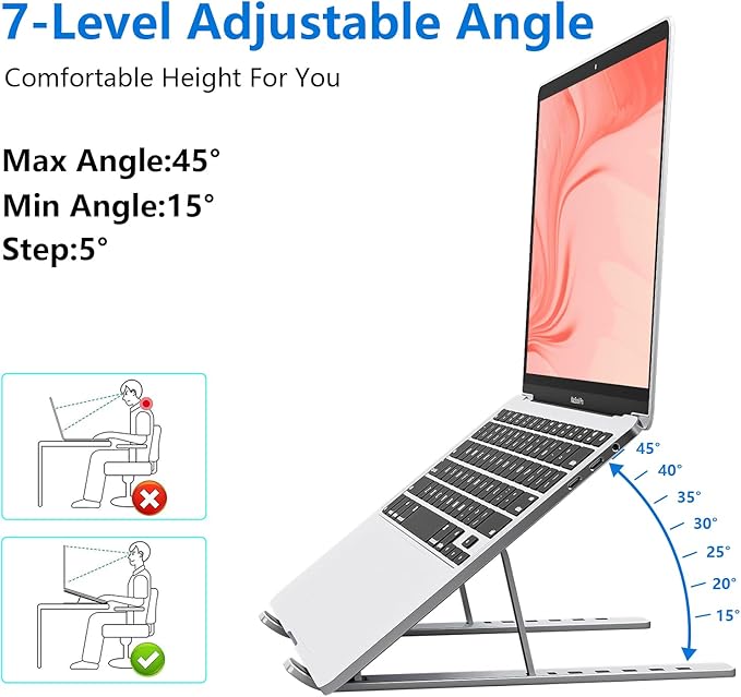 Laptop Stand for Desk, Aluminum Metal MacBook Stand,Computer Riser for Desk, Portable Foldable Adjustable Notebook Holder, Compatible with 10-15.6 Inch Laptops, iPad, Silver.