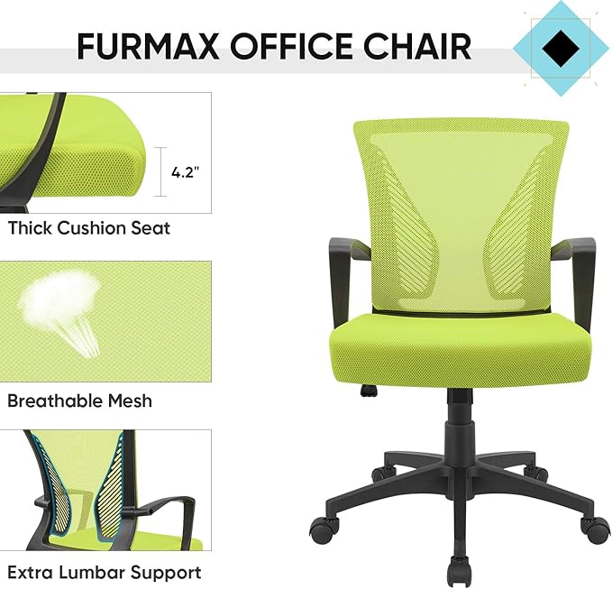 Furmax Office Chair Ergonomic Computer Desk Mesh Chair Mid Back Swivel Lumbar Support with Armrest (1, Cyan)