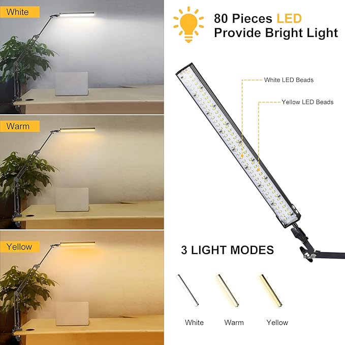 Toolour LED Desk Lamp with Clamp,2-in-1 Clip on Desk Lights with Base,50.7" 3-Section Swing Arm Architect Lamps,Memory Function Desktop Light Bar for Home Office Workbench Reading Craft Drafting