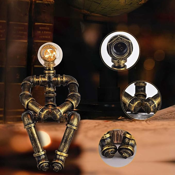 Water Pipe Table Lamp Robot Style- Retro Industrial Table Light- Antique Steampunk Metal Desk Lamp Bedside Lighting Fixture for Office, Reading Kids Room, Cafe Bar (Bronze-Style B)