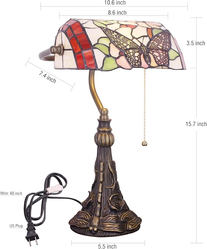 Tiffany Banker Lamp Small Stained Glass Table Lamp Tiffany Style Piano Light Desk Lamp Angle Adjustable 10.6X15.7 Inch for Home Office Living Room Bedroom (Butterfly in Flower Style)