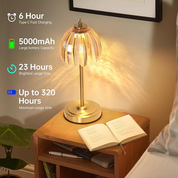 Set of 2 Cordless Table Lamp with 5000mAh Battery & Touch Control - 3 Adjustable Color Temperatures, Dimmable RechargeableTable Lamps for Bedroom, Office Desk, Nightstand (Amber Tulip)