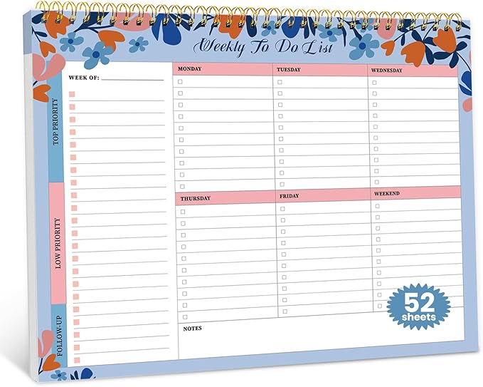 Weekly To Do List Notepad with 52 Undated Sheets(8.5"×11")- Undated Weekly Planner Notepad for Office Desk Accessories and Supplies - Frosted Coral