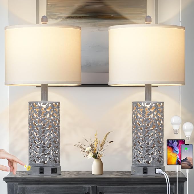 Vintage Lamp for Living Room Set of 2,Antique Retro Bedside Nightstand Lamps with 2 USB Ports & AC Outlet,Touch Control Industrial Desk Lamp for Bedroom Entryway,Gray