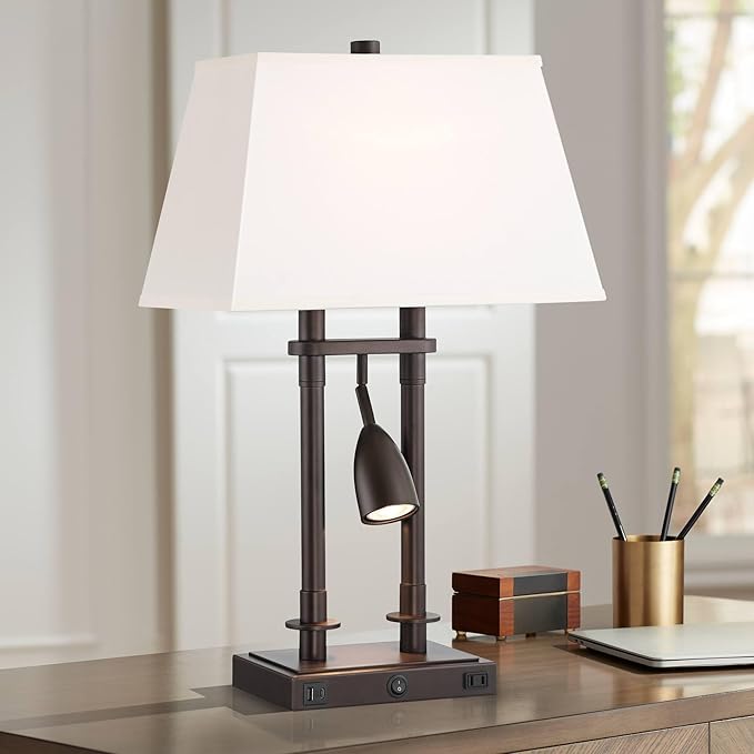 Possini Euro Design Bishop 26 1/2" Tall Modern Desk Lamp with USB Charging Port A+C and AC Power Outlet Brown Bronze Finish Metal Base White Shade Home Office Living Room Bedroom Bedside Nightstand
